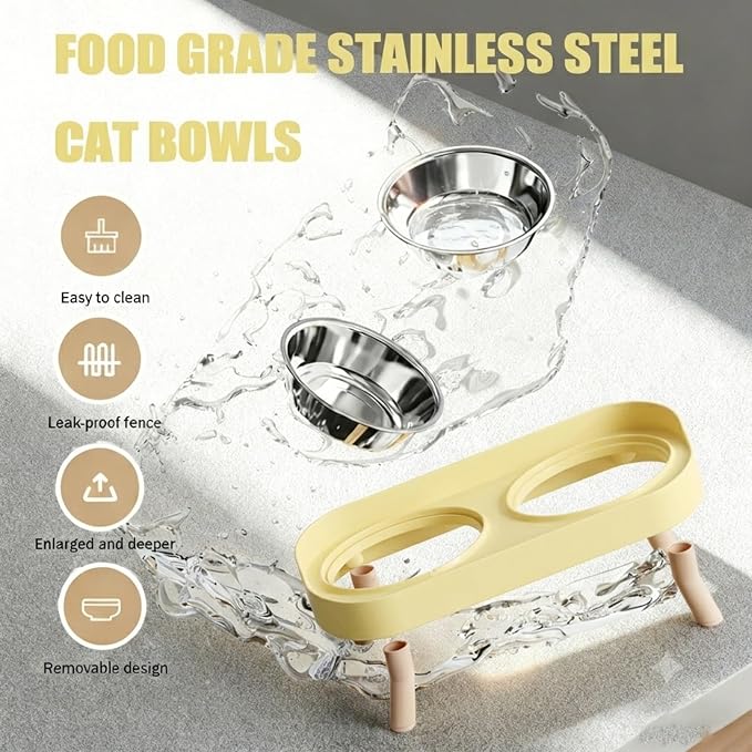 Elevated Cat Bowls, 2 Stainless Steel Raised Cat Food and Water Bowl Set, Splash Proof & Non-Slip, Whisker Fatigue Friendly, Dishwasher Safe for Cats and Small Dogs - Yellow - Image 4