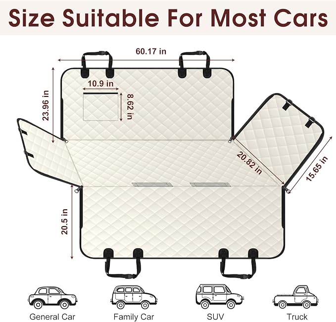 NECKORY Waterproof Dog Car Seat Cover for Back Seat - Durable, Scratch Proof Pet Hammock with Nonslip Design & Storage Pockets, Fits Cars, SUVs, Trucks - L, Beige/Black - Image 2