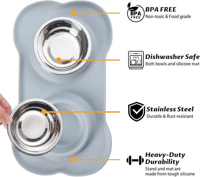 Hubulk Pet Dog Bowls 2 Stainless Steel with No Spill Non-Skid Silicone Mat + Pet Food Scoop Water and Food Feeder Bowls for Feeding Small Medium Large Dogs Cats Puppies ( Gray) - Image 2