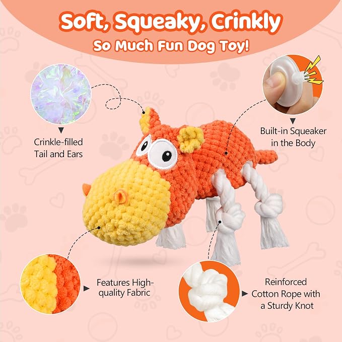 TOOPTATE Hippo Squeaky Dog Toy, Yellow Orange, Medium | Cute Plush Design, Rope Legs for Tugging, Helps Keep Dogs Busy, Suitable for Small, Medium, and Large Dogs - Image 2