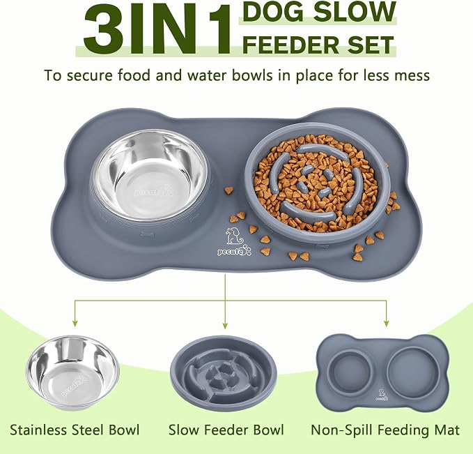 Pecute Slow Feeder Dog Bowls to Slow Down Eating, Dog Slow Feeder Bowl | No-Spill Non-Skid Silicone Mat, Food-Grade Safe Dog Food Bowls Slow Feeder, Stainless Steel Dog Water Bowl for Dogs Cats - Image 2