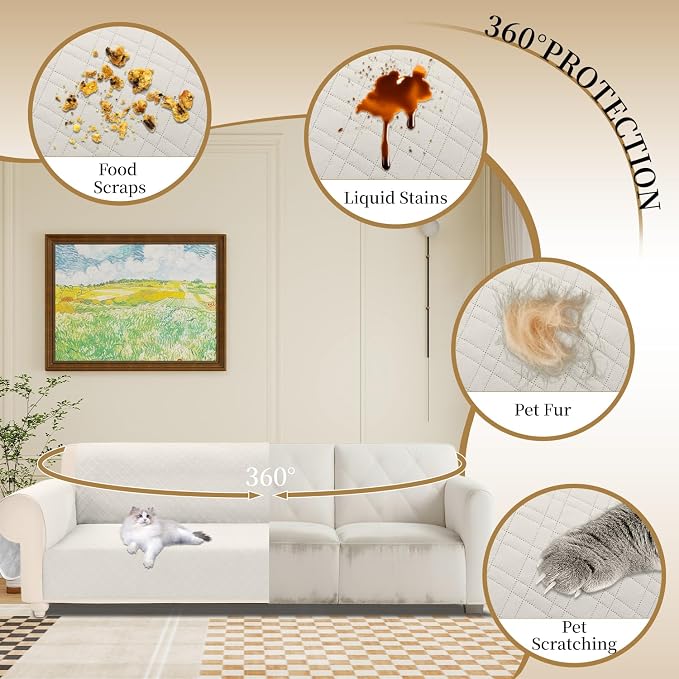 Velvet 100% Waterproof Couch Cover for Dogs Washable Sofa Covers for 3 Cushion Couch Pet Friendly Sofa Slipcovers Set Non Slip Quilted Furniture Protector with Pockets (Large, Ivory) - Image 5