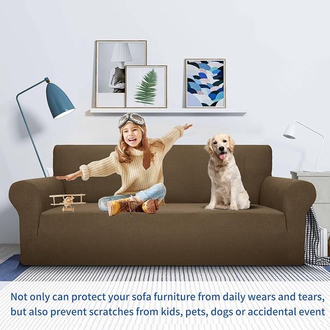 MAXIJIN Stretch Loveseat Sofa Slipcovers 1 piece Love Seat Couch Covers for 2 Cushion Couch Non Slip Sofa Cover Washable Dog Cat Proof Furniture Protector Pet Friendly (Loveseat, Brown) - Image 2