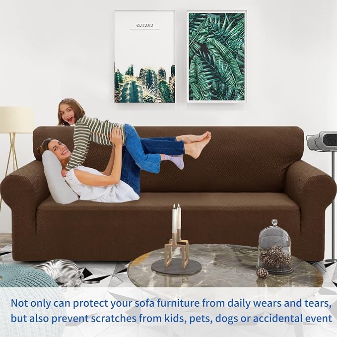 ZNSAYOTX 1 Piece Jacquard Couch Covers for 3 Cushion Couch High Stretch Sofa Cover for Pets Dogs Anti Slip Extra Large Sofa Slipcovers Furniture Protector (X-Large, New Pattern Coffee) - Image 2