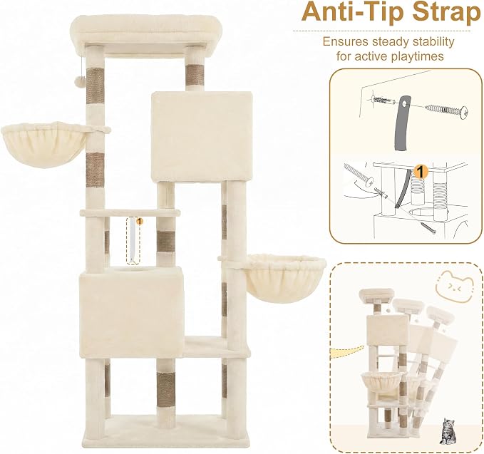 Heybly 68.1" Cat Tree with Oversized Top Platform & Wide Base HCT059MJ | Heavy Duty Cat Tower for Large Indoor Cats with 2 Condos, 2 Hammocks, 10 Sisal Scratching Posts, Stable Cat House, Beige - Image 9