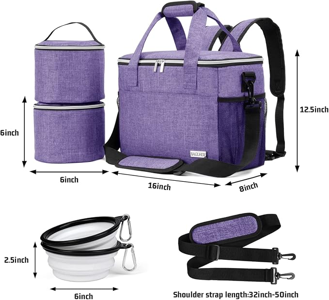 BAGLHER Dog Travel Bag Backpack Pet Supplies Backpack 5-Piece Set with Shoulder Strap 2 Lined Pet Food Containers 2 Foldable Feeding Bowls Essential Kit for Pet Travel - Image 6