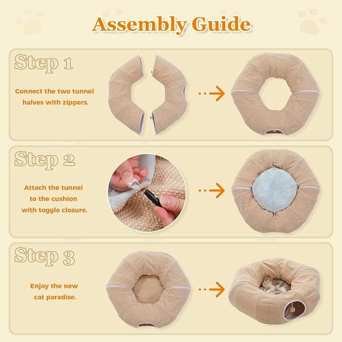 PEQULTI Beige Donut Cat Tunnel Bed Washable Plush Mat Multi for Small Pets | Round play tube with soft detachable plush mat, multi-pet toy fit indoor cats, kittens, puppies, rabbits and ferrets - Image 5