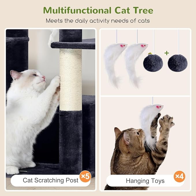 Globlazer Large Cat Tree, 80in Tall Climbing Tower, F80F, Dark Grey | Multi-Level Cat Scratching Tower for Indoor Multiple Large Adult Cats Kittens with 3 Cat Caves, 3 Hanging Baskets - Image 5