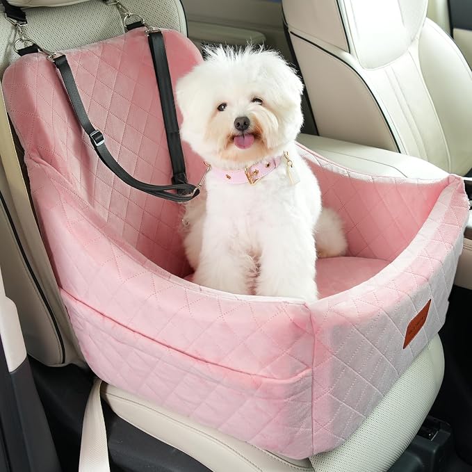 WOOAIDAGG Dog Car Seat for Medium Dogs, Pet Travel Bed with Seat Belt Channel, Fully Detachable and Washable, 3 Straps Easy to Install (Pink) by WOOAIDAGG