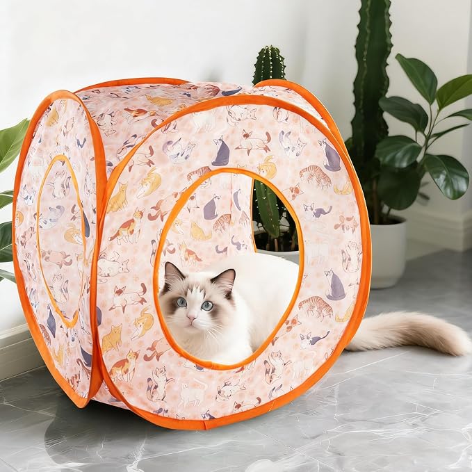 Andiker Cat Tent, 3 Holes Safe and Strong Cute Cats Tunnel Collapsible Easy to Carry Cat House for Indoor Cats Kittens Hiding Playing Training Sleeping (Square Orange) - Image 6