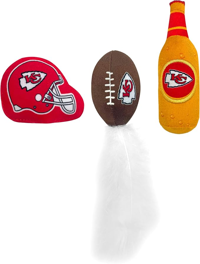 Best Plush CAT Toy - NFL Kansas City Chiefs Complete Set of 3 Piece Cat Toys Filled with Fresh Catnip. Incld: 1 Helmet Cat Toy, 1 Football Cat Toy with Feathers, & 1 Beer Bottle. Beautiful Team Logos - Image 5