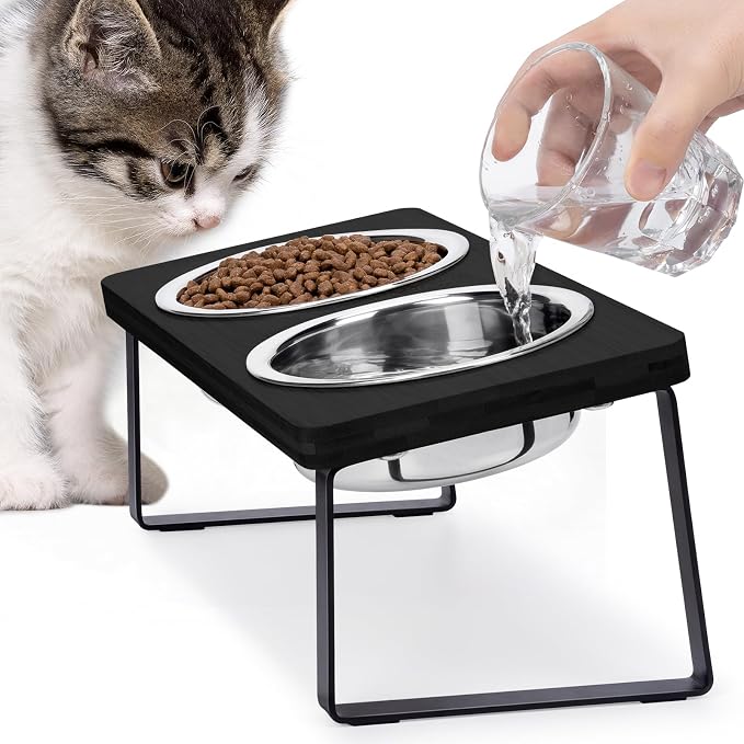 Elevated Cat Food Bowl for Indoor Cat, Black Raised Water Bowl Set for Pet | Whisker Friendly, Anti Vomit, Feeding Station for Puppy, Stainless Steel, Pet Dish, Easy Assembly, Bamboo, Dishwashers Safe by Loplurea