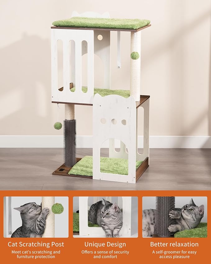 43.7in 3-Tier Modern Cat Tree Tower Condo, Cat Scratch Posts for Indoor Cats, Big Plate, Two 19.7in Full Sisal Scratching Posts, White - Image 6