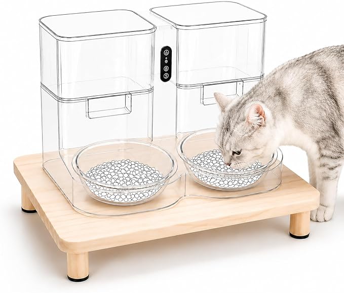 Extra Large Cat Food Stand, Wood Cat Feeder Stand 15.8 x 12.9 in | Cat Feeding Station, 2.56 in Raised Platform, Dual-Bowl Feeder & Water Dispenser Fit, Solid Wood, Tool-Free Assembly by Midollarle