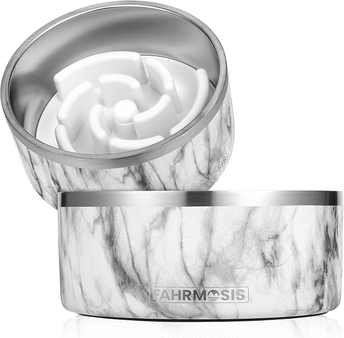 FAHRMOSIS 64 OZ Dog Bowl with Slow Feeder Insert Stainless Steel Pet Water Bowl for Medium & Large Breed Non Slip Rubber Base & Plastic Puzzle Feeder - White Marble by Fahrmosis