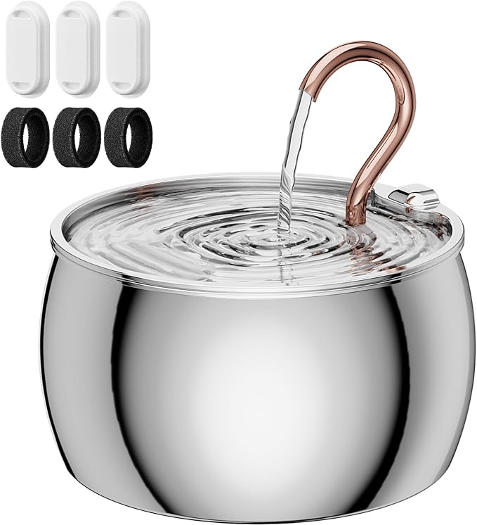 2.5L/84oz Gooseneck Cat Water Fountain Stainless Steel Ultra-Quiet | Kitty Spout Cat Fountain for Drinking, Pet Water Fountain for Cats Inside with 3 Replacement Filters & 3 Pre-Filter Sponges by WEPOIUCatFountain