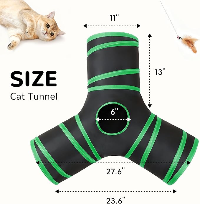 Tempcore Cat Tunnel for Indoor Cats, 3 Way Collapsible Pet Play Tunnel with Teaser Wand, Peek Holes & Hanging Ball, Interactive Tube for Kittens & Rabbits, Black & Green - Image 2