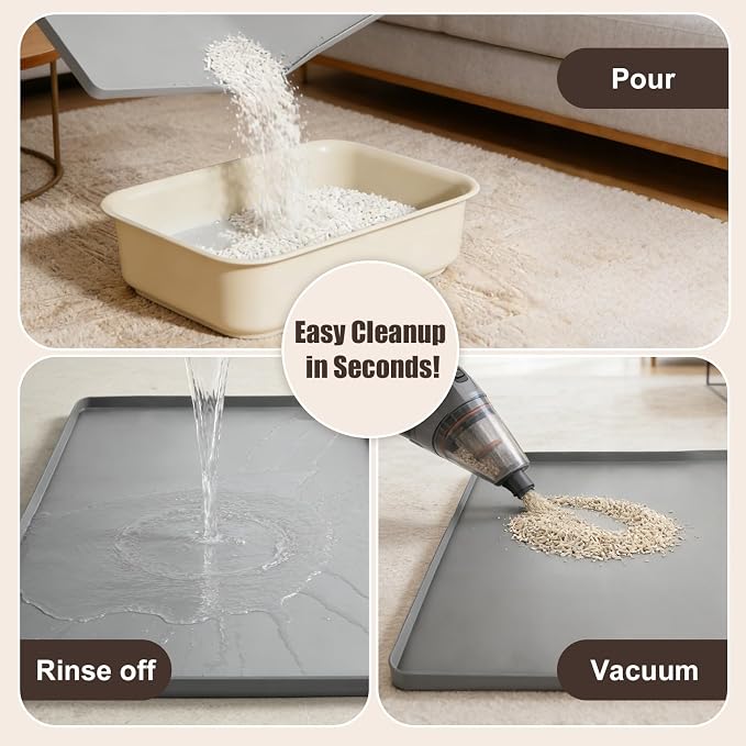 Silicone Cat Litter Mat 24x20 in Waterproof Litter Box Mat Leak-Proof Thick Under Kitty Litter Box Feeding Tray with Raised Edges for Floor Carpet, Grey - Image 4