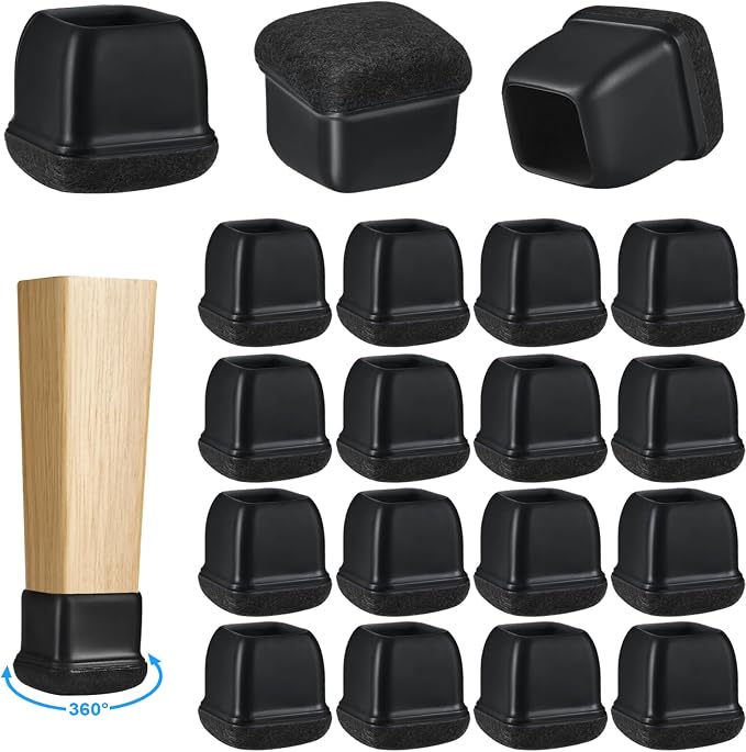 16 Pack Chair Leg Floor Protectors for Hardwood Floors, Square Rubber Furniture Sliders, 360°Felt Pad Bottom Wrapped Thickening Silicone Furniture Legs Caps Covers(Square,Black-L) by Yarehand