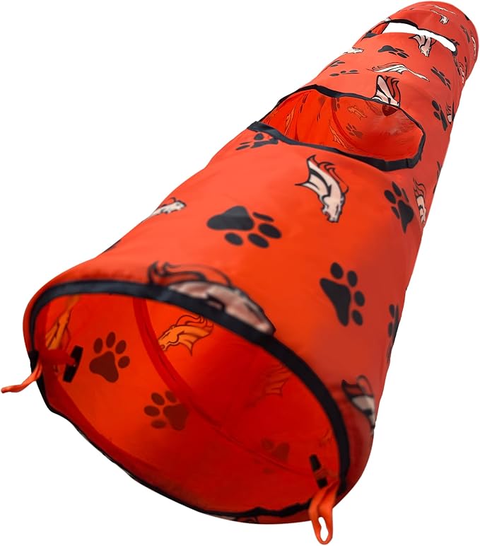 NFL Denver Broncos Cat Tunnel Tube Toy with Plush Football Catnip and Feathers Collapsible Tunnel for Cats to Play, Peek and Hide, Sporty & Fun Cat Tunnel Toy with Team Logo All-Over Design! - Image 3