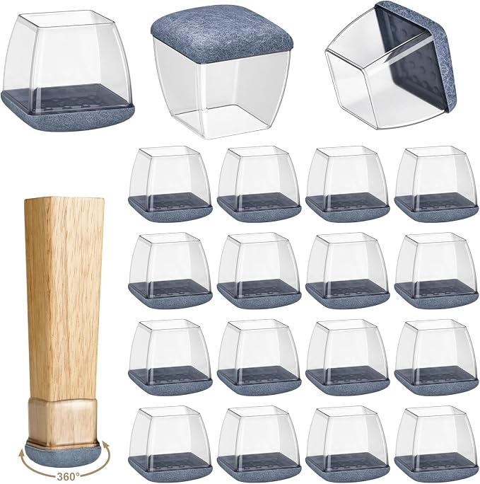 16 Pack Chair Leg Floor Protectors for Hardwood Floors, Round Rubber Furniture Sliders, 360°Felt Pad Bottom Wrapped Thickening Silicone Furniture Legs Caps Covers(Square,Clear-Gray-L Plus) by Yarehand