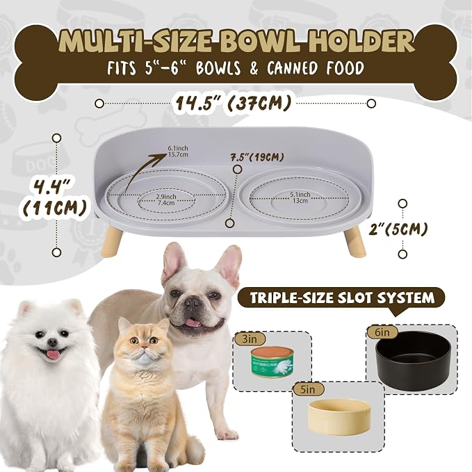 Raised Dog Feeder Bowl Stand (Without Bowls), Fits Dish up to Φ 6" | Spill Proof Elevated Dog Food Stand, Double 3 Diameters Pet Food Holder for Small and Medium Breeds and Cats, Grey - Image 2