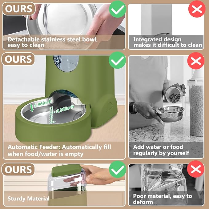 HWONMTE Portable Automatic Cat Feeder and Water Dispenser with Stainless Steel Bowl Dog Gravity Food Feeder and Waterer for Small Medium Pets Puppy Kitten 1 Gallon x 2 (Olive Green) - Image 5