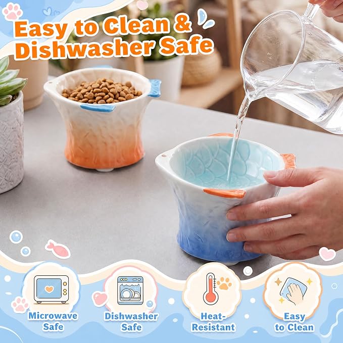 Tioncy 2 Pcs Raised Tilted Ceramic Cat Food Bowl Fish Shape Cute Elevated Slanted Shallow Angled Cat Dish Non Slip Feeder Bowl for Anti-Vomiting and Fatigue (Blue,Orange) - Image 4