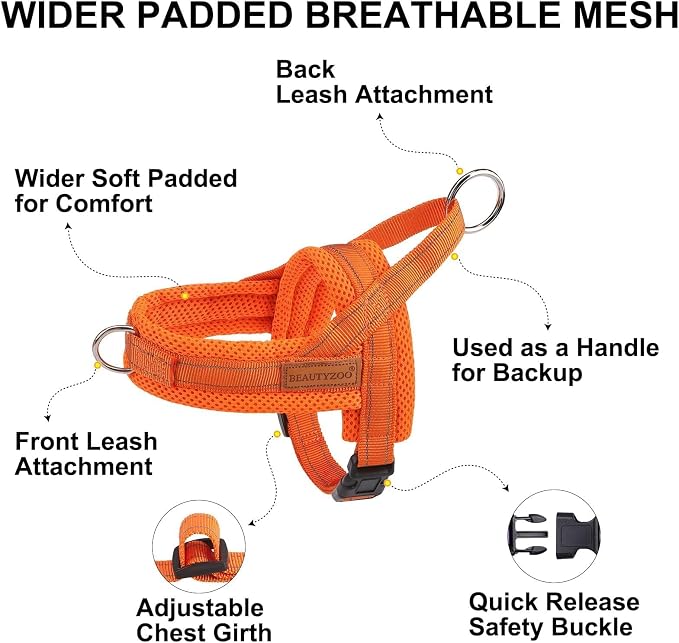 BEAUTYZOO Dog Harness Medium Sized and Leash Set, No Pull Step in Pet Vest | Breathable Mesh with Handle, Reflective, Adjustable No Choke Escape Proof, Lightweight, Easy Control for Walking, Orange M - Image 2