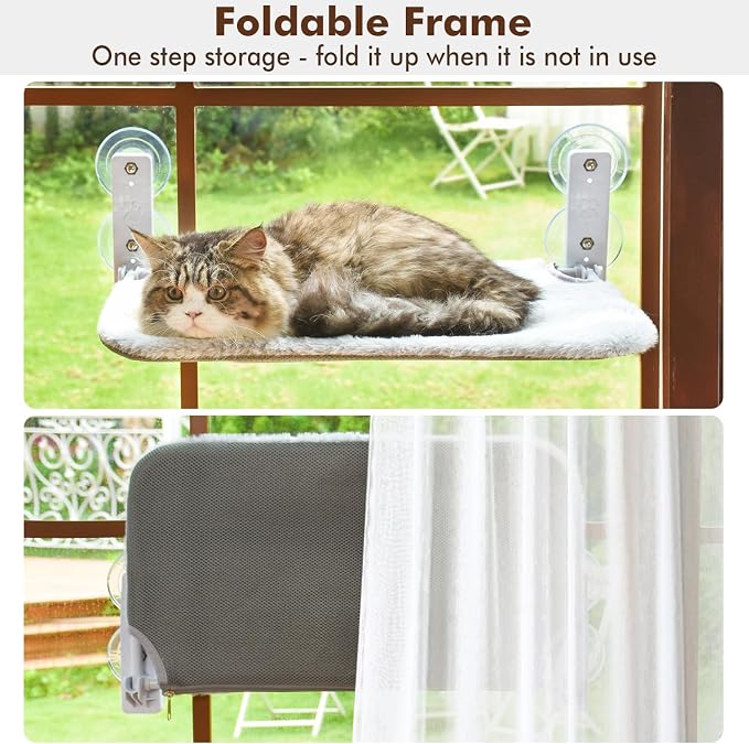 AMOSIJOY Cordless Cat Window Perch, Cat Hammock for Wall with 4 Suction Cups, Solid Metal Frame and Reversible Cover, Foldable Cat Beds for Indoor Cats - Image 3