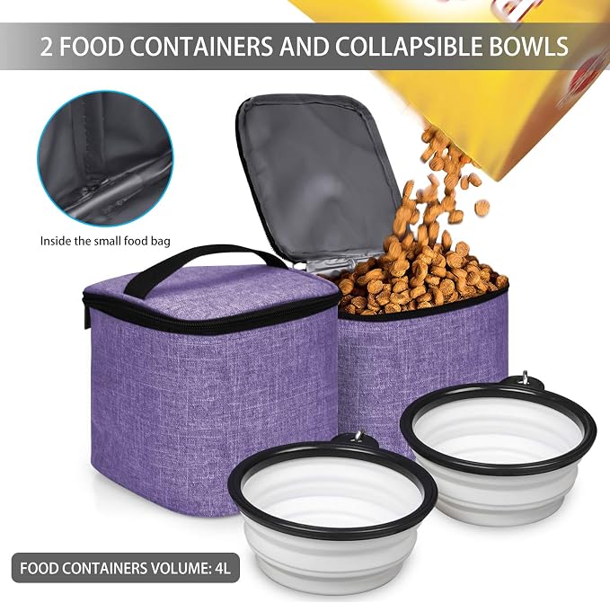 BAGLHER Pet Travel Bag, Double-Layer Pet Supplies Backpack (for All Pet Travel Supplies), Pet Travel Backpack with 2 Silicone Collapsible Bowls and 2 Food Baskets Purple - Image 5