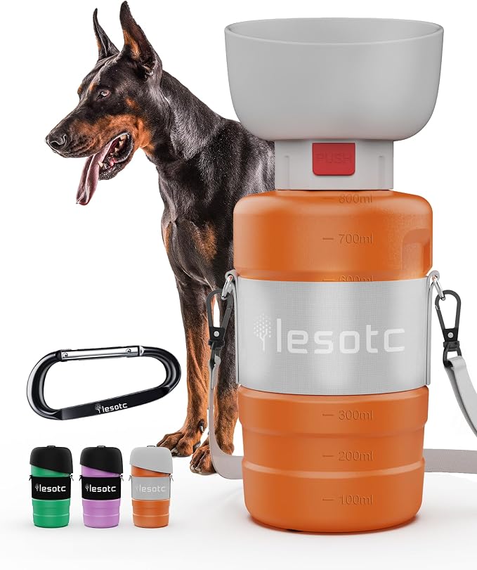 lesotc Dog Water Bottle Portable, 28oz Portable Dog Water Bottle with Bowl, Leak Proof Travel Bowl Dispenser for Dogs, One-Hand Squeeze Puppy Essentials for Walking, Hiking, Camping by lesotcbrand