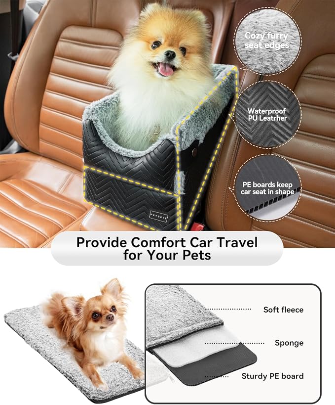 PETSFIT Dog Console Car Seat with Dual Adjustable Seat-Rail Anchor Hooks | Anti-Collapse Leather Armrest Booster Carseat with Safety Tether, Washable Cushion, Soft Pillow for Pets Under 8 lbs, Black - Image 7