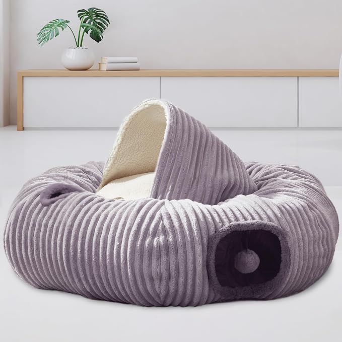 Cat Tunnel Bed for Indoor Cats - Cute Cat Donut Tunnel with Washable Circle Cushion and Blackout Tent Round Pet Play Toy for Kitten/Puppy/Rabbit, Grey - Image 6