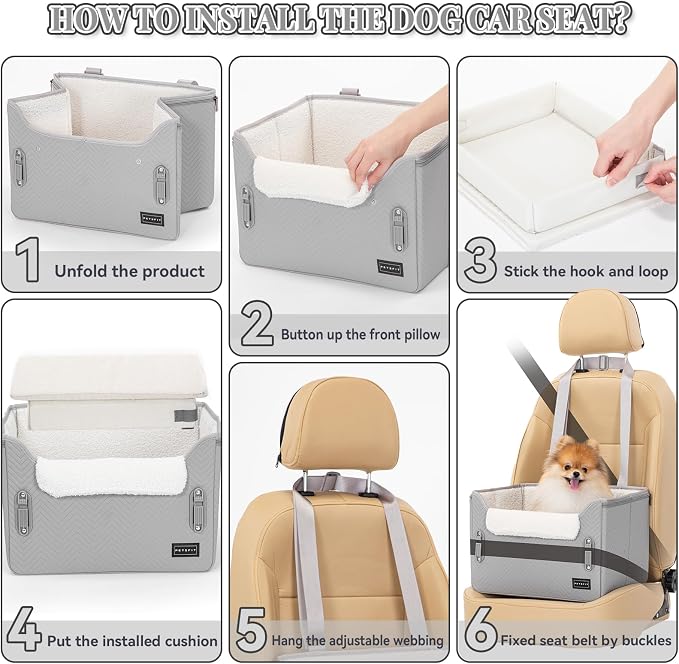 PETSFIT Dog Booster Car Seat, Waterproof PU Leather Dog Car Seats for Small Dogs with Patent Safe Buckles, Clip-On Leash, Pet Car Seat for Small Pets Up to 25lbs (Cool Grey) - Image 7