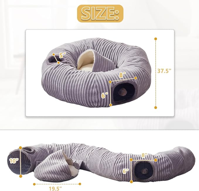 Cat Tunnel Bed for Indoor Cats - Cute Cat Donut Tunnel with Washable Circle Cushion and Blackout Tent Round Pet Play Toy for Kitten/Puppy/Rabbit, Grey - Image 3