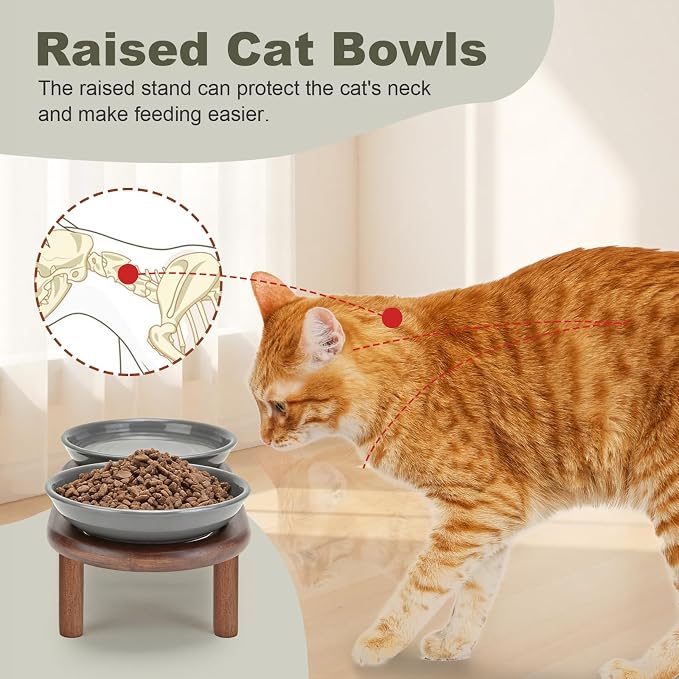 SPUNKYJUNKY Shallow Elevated Cat Bowl with Acacia Wood Stand Wide Raised Ceramic Cat Dishes Whisker Friendly Pet Food and Water Plates (Striped Pattern, Gray) - Image 3