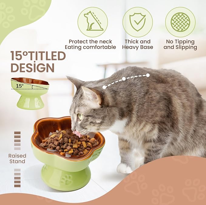 S&Q's CERAMICS Raised Cat Bowl, Elevated Cat Bowl for Food and Water, Ceramic Titled Dish, Anti Vomit & Whisker Friendly, Microwave and Dishwasher Safe (Brown, 5.8") - Image 3