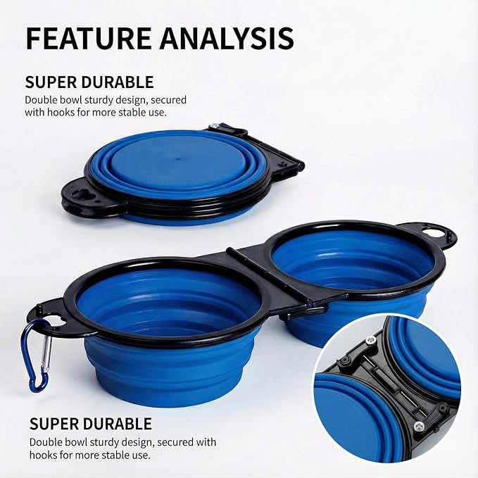 Double Collapsible Dog Bowls for Travel, Food and Water Set with Clip, Blue | 13.5 oz each, folds flat, carabiner clip, walking, hiking, camping, for small and medium pets - Image 2
