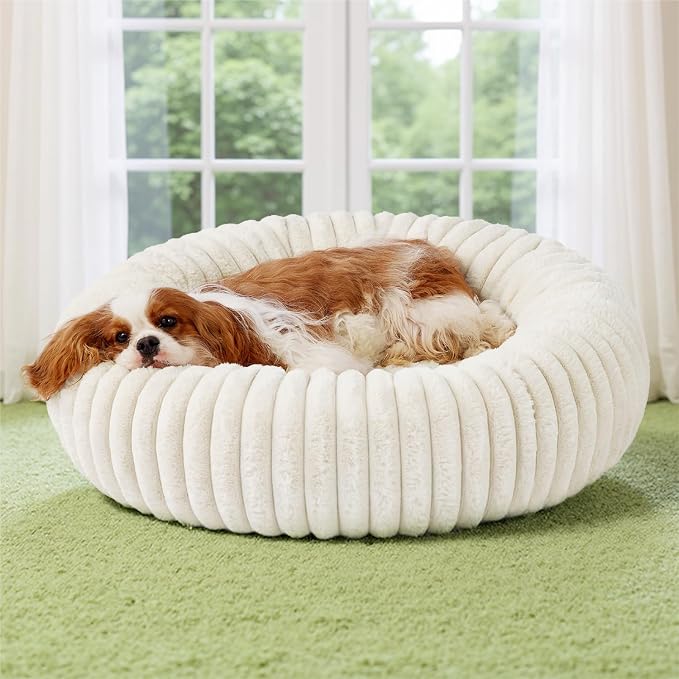 Bedsure ComfyFleece™ Donut Dog Bed Medium Size Dog with Washable Cover | 30x30x8in, Calming Round Pet Bed, Support Plush , with Removable Corduroy Fleece for Senior Dog,Anti Slip Bottom,Cream by Unknown