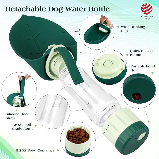 TIOVERY Upgraded Dog Water Bottle, Portable Dog Cat Puppy Pet Water Dispenser Feeder with Drinking Cup and Food Container Leak Proof for Outdoor Walking, Travel, Hiking 12OZ - Image 2