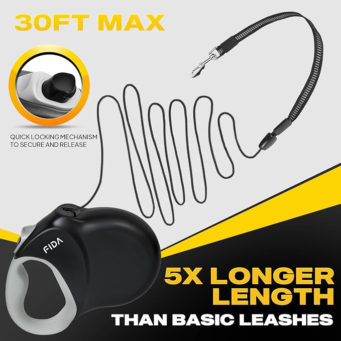 Fida Upgraded Retractable Dog Leash 30ft, Heavy Duty Pet Walking Leash for Medium/Large Breed up to 110 lbs, 360° Tangle-Free Long Retract Dog Lead, Soft Grip, One-Hand Brake, Black (Pack of 2) - Image 2
