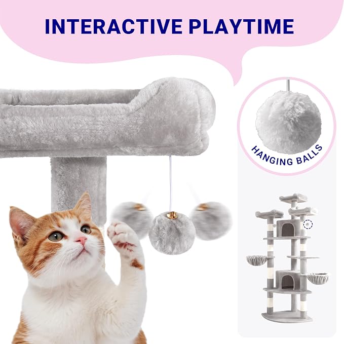 Allewie 73in Fan-Shaped Space-Saving Corner Cat Tower/Multi-Level Tall Cat Tree for Indoor Kitties/Cozy Baskets/Condos/House/Perches/Sisal Scratching Posts/Pet Activity Center/Grey - Image 5