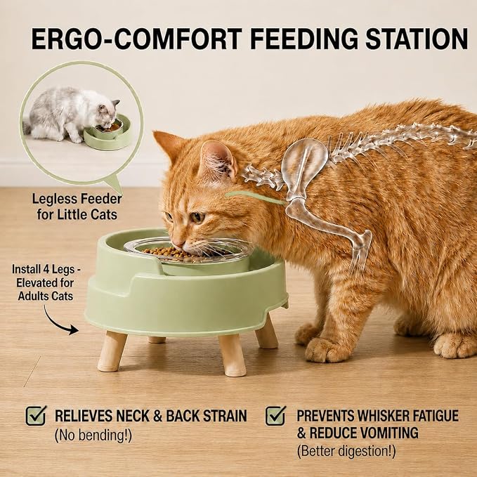 2 Pack Ant Not Cross Elevated Cat Bowls Mess Proof-4 Food Grade Glass Bowls & 2 Lids- No Spill Cat Food and Water Feeding Station for Cats&Puppy Indoor & Outdoor,No Whisker Fatigue Dish,Green - Image 5