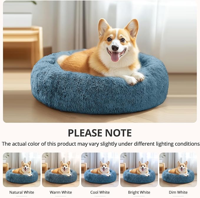 JOLLYVOGUE Calming Dog Bed Medium Size Dog, 31in Donut Washable Medium Pet Bed, Anti-Slip & Anti-Anxiety Fluffy Faux Fur Round Dogs Bed, Fits up to 45 lbs Pets (Blue) - Image 8