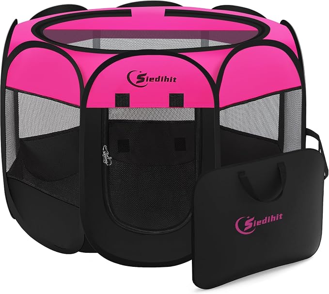 Siedihit Dog Playpen, Puppy Pet Playpens Indoor for Small Dogs Tent Crates | Cage Indoor/Outdoor, Portable Pop Up Dog Kennel Playpen with Carrying Case for Dogs/Cats/Rabbits, Hot Pink by Siedihit
