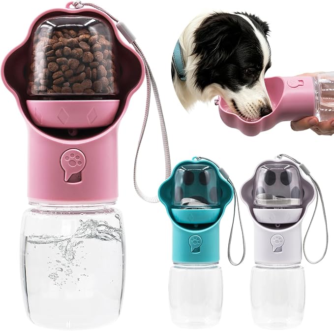 Dog Water Bottle with Food Container, Portable Pet Dispenser, Leak Proof, Hiking, Puppy Travel, Outdoor Activities(11.16 fl.oz/330ml, Pink) by Unknown