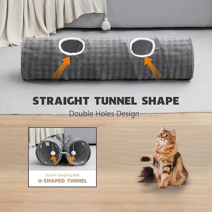 Straight Bubble Cat Tunnel for Indoor Cats 47"x12", Grey | Cute Cat Toys, Collapsible Tunnel Tube with Hanging Balls for Puppy Kitten Rabbit - Image 5