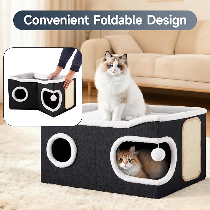 Shikha Extra Large Cat House Bed for Multi Cats with Scratch Pad Black | 24 x 17.7 x 12.6 IN Widen Cat Cave Cube for Multi Pets, Foldable, Arc-Edge Design, Oval Door, All Seasons Reversible Cushion - Image 6