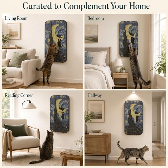 Cat Wall Scratcher, Art Cat Scratching Board for Indoor Cats | Wall Mounted Cat Scratch Pad, Water-Based Ink, Hook&Loop Strips, Floor or Wall Use, 16.7x11x1 Inch, Starry Night - Image 8